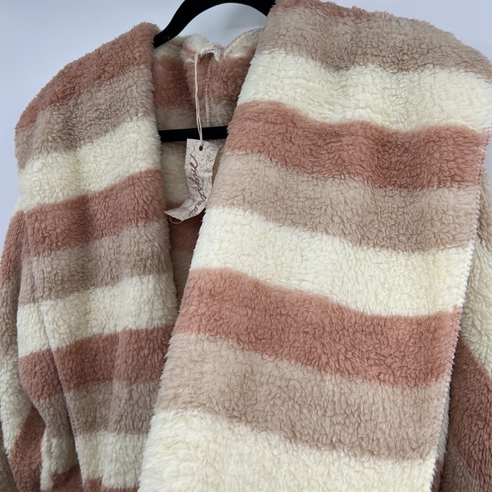 🆕Women’s Soft Fleece Cozy Cardigan Hoodie Cream Rose Mocha Striped W/Pockets - Picture 9 of 12